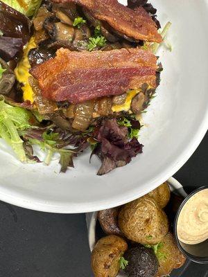 Calamity Jane burger "in a bowl" with a side of potatoes and chipotle dipping sauce