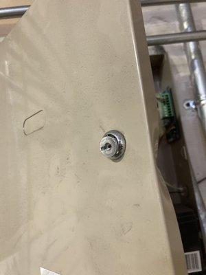 Broken lock caused by technician. They left it like this and didn't say anything .