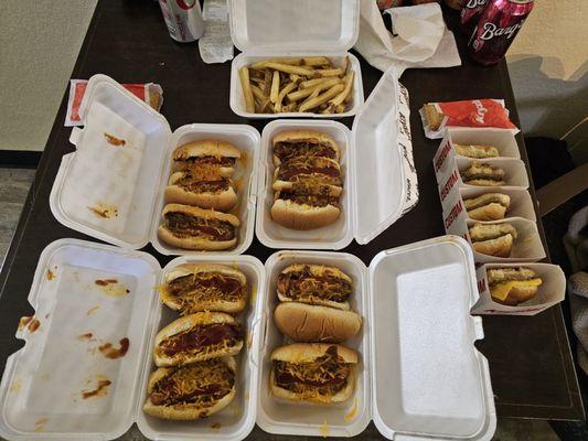 Dozen chili cheese dogs, 5 cheeseburgers, party fries, 2 apple turnovers