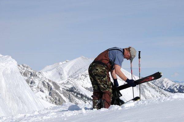 Andrew preparing for Hidden Gully with Sacajawea Peak in the back ground