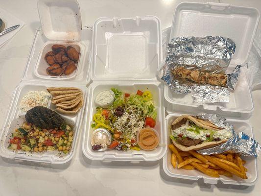 Full order: Hercules Gyro w/ fries Kafta Kabob Plate w/ chickpea salad Greek Salad Chicken kabob Greek donuts