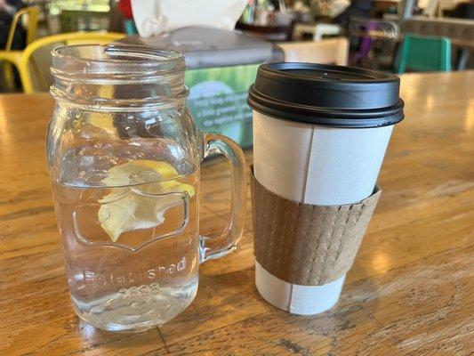 Ice water and mocha latte