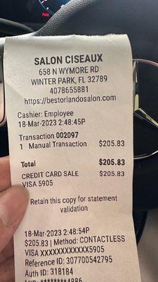 Visit receipt. Only $85 of the total was for product. The remaining total was for 15-minute hair trim ($110) and tax.