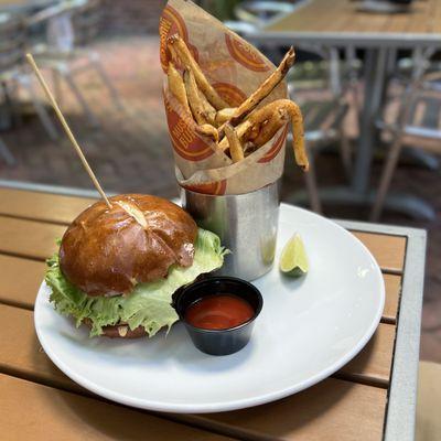 Seafood Burger hidden by lettuce