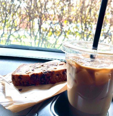 Loved the chocolate chip banana bread and iced latte