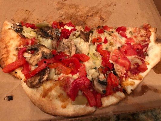 Cheese, garlic, artichoke hearts, mushrooms, marinated red bell peppers pizza