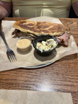 Cuban sandwich with pickle potato salad.