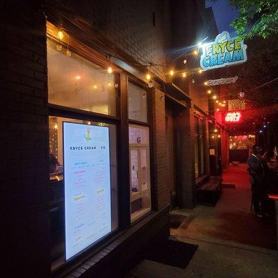 Doorway at night. Very close to corner of kirkwood and 12th. In the same building as Burger Up.