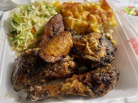 Jerk Chicken, Steamed Cabbage, Mac and Cheese, Fried Plantains