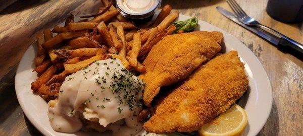 Fried catfish, mashed potatoes and fries