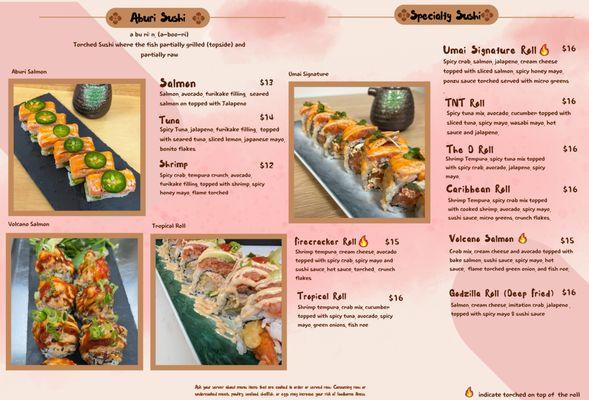 Specialty sushi menu