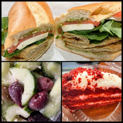 The #4 Capello (Eggplant Cutlet, fresh mozz, spinach, tomato and artichoke pesto!), Cucumber and Feta Salad, and some Red Velvet Cake