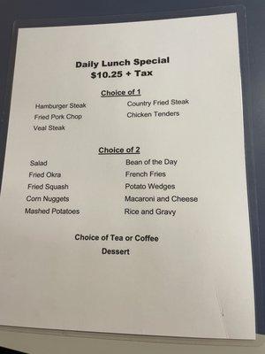 Daily lunch special menu