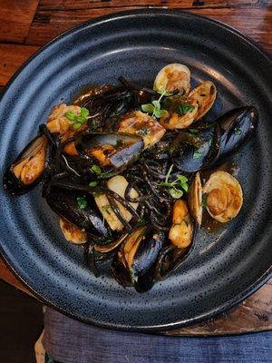 Seafood with squid ink pasta