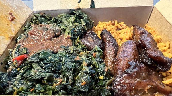 Spinach (Callao) Jollof rice and seeet plantains