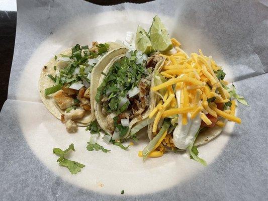 Tacos (left to right): Grilled chicken, Fish (Tilapia), and Veggie