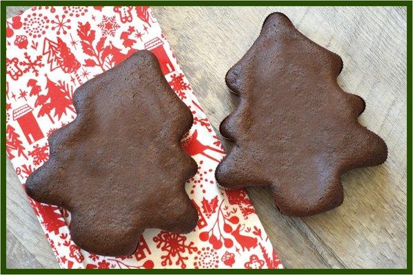 Brownie batter teacake in tree shape.