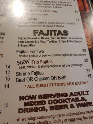 Fajita menu