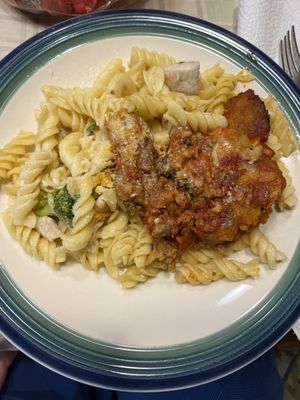 Chicken broccoli ziti with eggplant parm