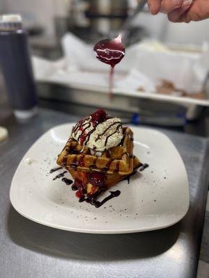 Black Forest Waffle - homemade chocolate pastry cream, tart cherry compote, whipped cream, chocolate sauce