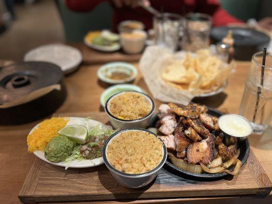 Pork belly and shrimp fajitas. Double rice, no beans