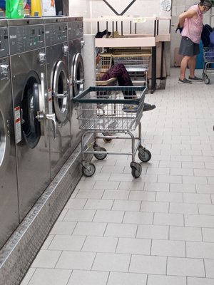 Grown woman sitting in cart during pandemic