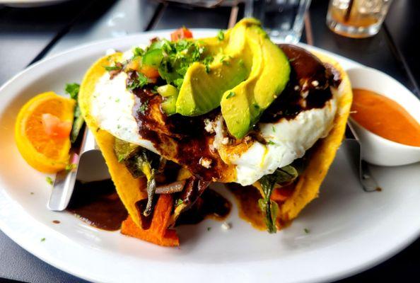 Chili relleno tacos with mole.