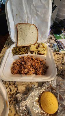 Pulled pork, green beans, parsley potatoes, corn muffin