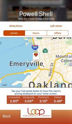 The Loop app displays the current pricing of gasoline  at your nearest location.