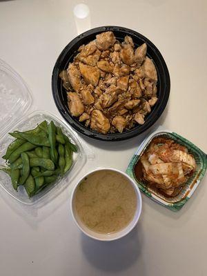 Chicken teriyaki over rice, miso soup, kimchi and edamame.