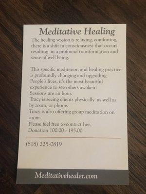 Description of meditative healing session and donation.
 Text inquiries