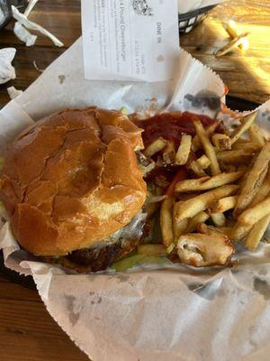 Burger cheese curds fries and shank great food good service fun place to eat and hang with friends or family