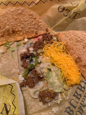 Crispy taco with a stale shell, maybe 1/2 a teaspoon of meat a pinch of cheese and hella lettuce