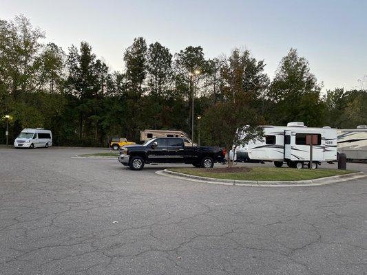 RVs in the lot at sunrise.