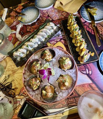 Scallops Chalaca (center), Sushi Porteño (right) Sushi Acevichado (left)