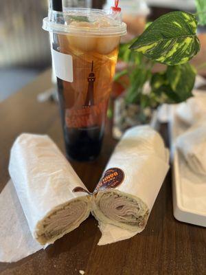 Baguette with cha and pate. Lychee tea with boba