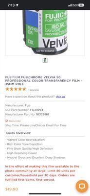 Prices for Fuji velvia 50