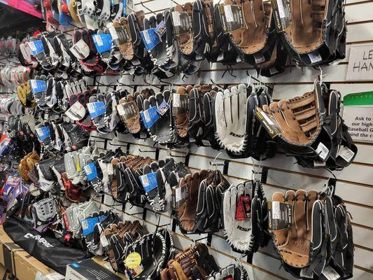 Left and right handed baseball and softball gloves, catcher's mitts and 1st base gloves. We also break-in gloves, repair and tighten laces.