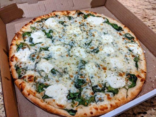 White Spinach Pizza, 14" medium, $16.99. Very good!