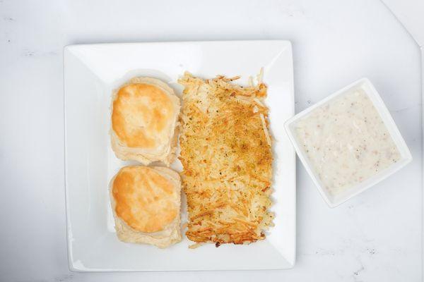 "Comfort on a Plate: Indulge in hearty biscuits smothered in savory sausage gravy."