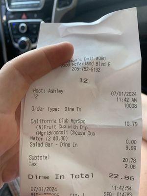 Receipt with employee's name and time