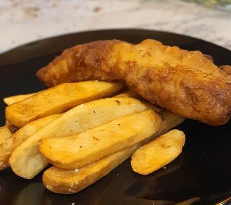 Fish and chips plated at home.  Mmmm.