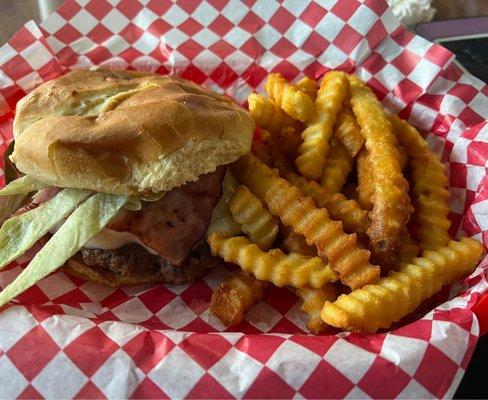 Blue Hawaii burger and crinkle cut fries