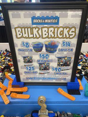 Prices to fill your own container or bag with "you choose" bin bricks