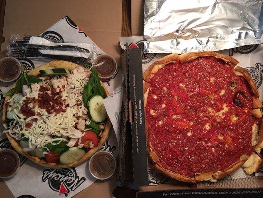 Large spinach salad and large deep dish pizza. Very delicious!!