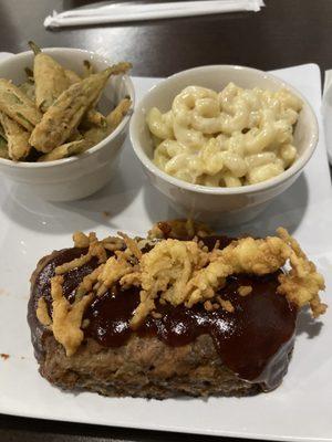 Meatloaf with fried okra and macaroni and cheese