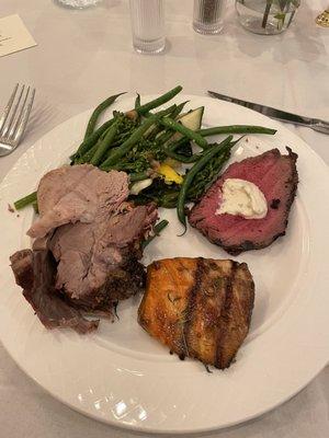 Mother's Day brunch- sliced lamb, beef tenderloin, bourbon glazed salmon, mixed veggies