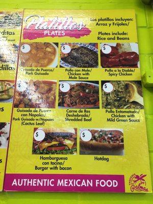 Menu of plates of authentic Mexican food