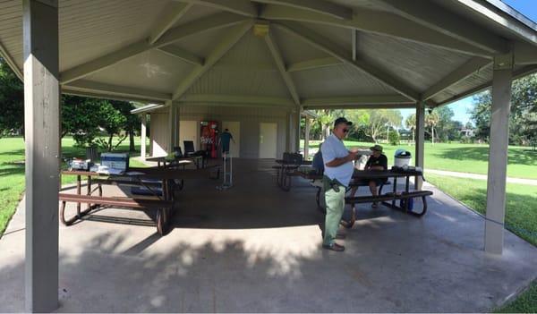 The large pavilion, where the restrooms are located.