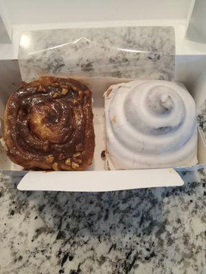 caramel roll and cinnamon roll from Grin City Bakery